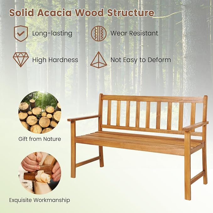 HAPPYGRILL Patio Wood Bench with Ergonomic Backrest & Armrests, 2-Person Outdoor Bench, All-Weather Acacia Wood Frame, Loveseat Outside Bench for Garden Balcony Poolside Porch Deck
