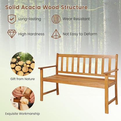 HAPPYGRILL Patio Wood Bench with Ergonomic Backrest & Armrests, 2-Person Outdoor Bench, All-Weather Acacia Wood Frame, Loveseat Outside Bench for Garden Balcony Poolside Porch Deck