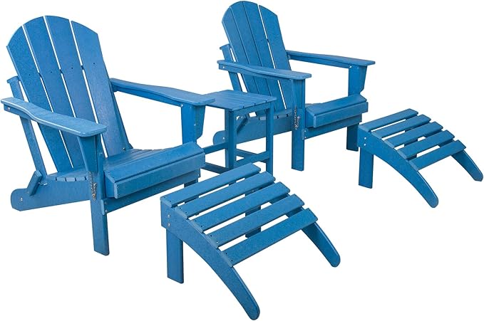WestinTrends Malibu Outdoor Lounge Chairs Set, 5-Pieces Adirondack Chair Set of 2 with Ottoman and Side Table, All Weather Poly Lumber Patio Lawn Folding Chair for Outside, Pacific Blue