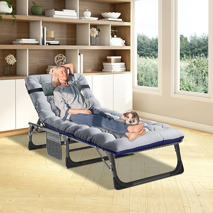 H&ZT Folding Patio Lounge Chair with Thick Padded Cushion, Adjustable Reclining Chaise Lounger with Headrest - Photo 2