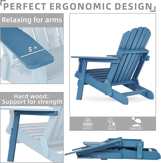 SoliWood Set of 2 Oversized Outdoor Wooden Folding Adirondack Chair with Retractable Ottoman - Photo 4