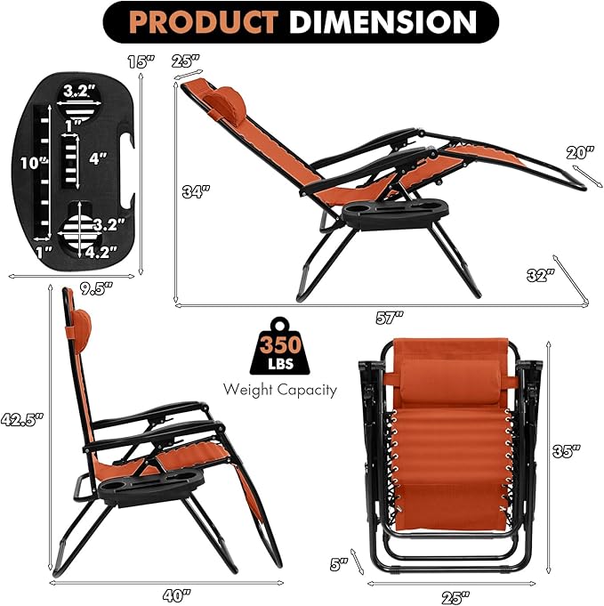 Giantex 2 PCS Zero Gravity Chair, Outdoor Chaise Lounge with Cup Holder, Patio Folding Chairs Recliner for Yard Pool Lawn Balcony, Orange