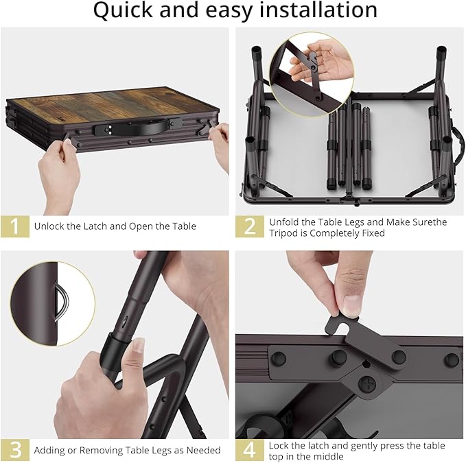 Anbte 2ft Camping Table Foldable with Storage Net, 3 Adjustable Heights 27.5" Aluminum Small Portable Table with Carrying Handle, for Outdoor Indoor Picnic Beach Party Travel, 24" X 16", Brown