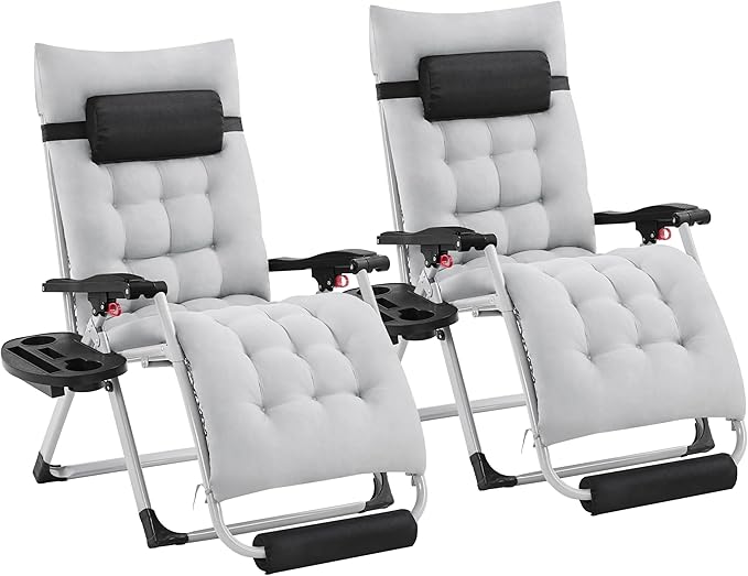 Yaheetech Zero Gravity Chair, Folding Reclining Lounge Recliner with Removable Pad & Headrest & Side Cup Holder Tray for Indoor and Outdoor Gray/2