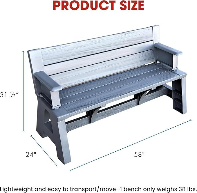 Convert-a-Bench Gen 1 2-in-1 Outdoor Convertible Bench to Picnic Table | Space-Saving, Weather-Resistant Patio Furniture for Yard, Deck, Garden | Easy Assembly & Durable - 1 Bench/Order Platinum Gray