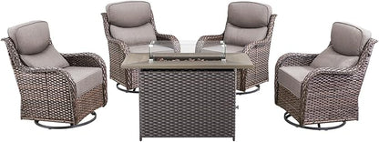 Luxury High Back Patio Furniture Set Fire Pit Table with 6-Inch Thick Cushions, 5-Pieces Outdoor Furniture w/ 4 Swivel Chairs, Wicker Conversation Set for Porch, Balcony, Deck and Yard, Brown/Grey