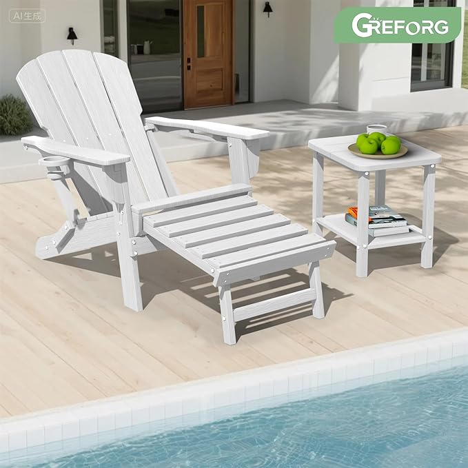 Patio Side Table, Small Rectangular HDPE Adirondack End Table for Outdoor Use in Pool, Garden, Lawn, Backyard,White