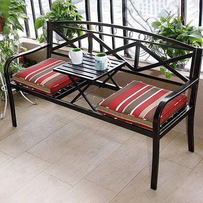 Outdoor Powder Coated Steel Park Bench, Weatherproof Outdoor Bench with Pull-Out Table, Metal Garden Bench for Garden, Patio, Porch, Max Load 660 LBS