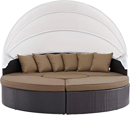 Modway Convene Wicker Rattan Outdoor Patio Retractable Canopy Round Poolside Sectional Sofa Daybed with Cushions in Espresso Mocha