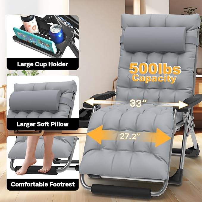 Slendor Oversized Zero Gravity Chairs XXL, 33In Padded Zero Gravity Lounge Chair, Lawn Recliner, Folding Patio Reclining Chair w/Aluminum Alloy Lock, Headrest, Cup Holder, Support 500lbs, Grey