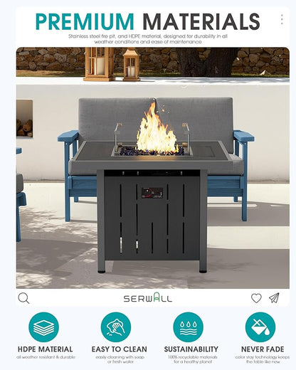 SERWALL Patio Furniture Set with 33” Fire Pit Table, HDPE Outdoor Sectional Sofa Set with Thickened Cushions, Grey Frame with Khaki Cushions