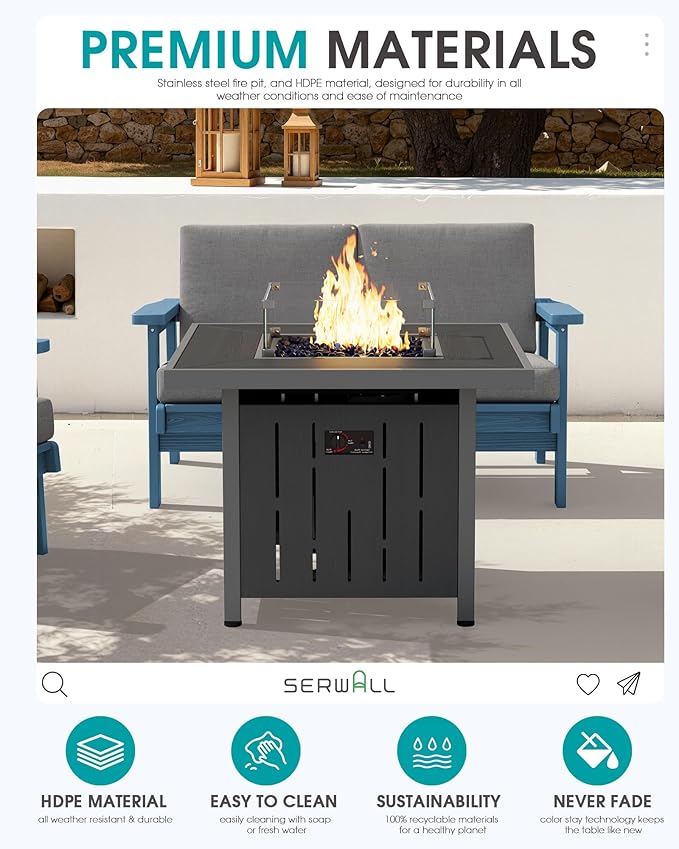 SERWALL Patio Furniture Set with 33” Fire Pit Table, HDPE Outdoor Sectional Sofa Set with Thickened Cushions - Photo 6