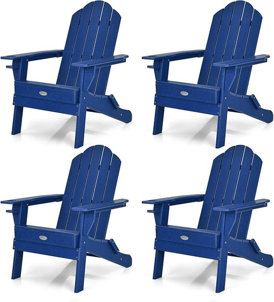 Tangkula Outdoor Folding Adirondack Chair, HDPE Armchairs with Cup Holder, Weather Resistant Lounger Chair for Patio Garden Fire Pit Backyard, Lawn Porch Seating, Adirondack Lounger (4, Navy)