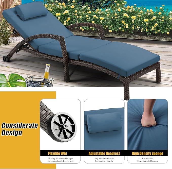 HOMREST Chaise Lounge Chairs Set of 4, PE Rattan Wicker Recliner, Patio Lounge Chair with Adjustable 5 Position Arm & Wheels for Poolside Backyard Deck Porch,Dark Blue