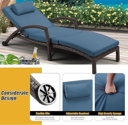 HOMREST Chaise Lounge Chairs Set of 4, PE Rattan Wicker Recliner, Patio Lounge Chair with Adjustable 5 Position Arm & Wheels for Poolside Backyard Deck Porch,Dark Blue