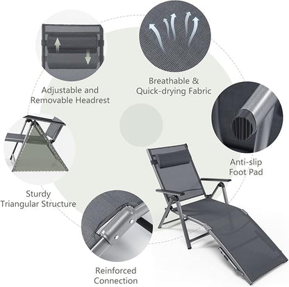 Tangkula Outdoor Aluminum Chaise Lounge Chair, Patio Folding Chaise with 8 Back and 2 Leg Adjustable Positions, Lounge Recliner with Quick-Drying Fabric for Poolside, Backyard, Beach