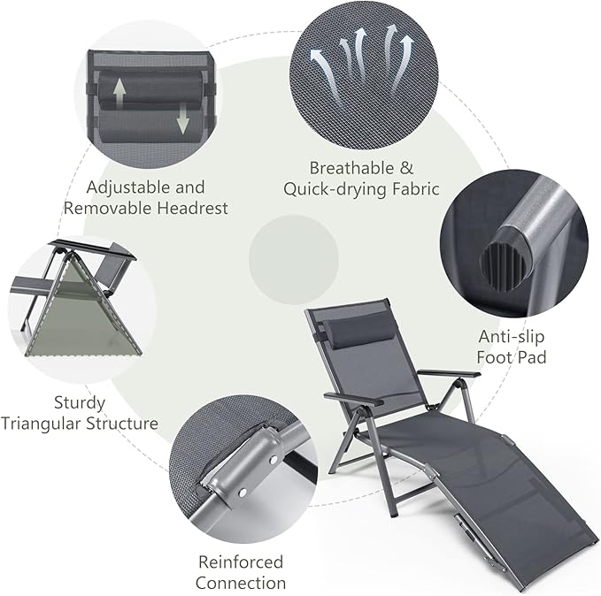 COSTWAY Folding Aluminum Lounge Chair, Outdoor Pool Lounger with 8-Position Adjustable Backrest & Ergonomic Headrest, Patio Lounge Recliner with Breathable Fabric