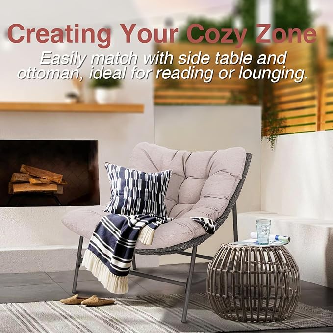 PHI VILLA Outdoor Papasan Chairs Set of 2, Oversized Scoop Wicker Chairs with Cushions & Steel Frame - Photo 4