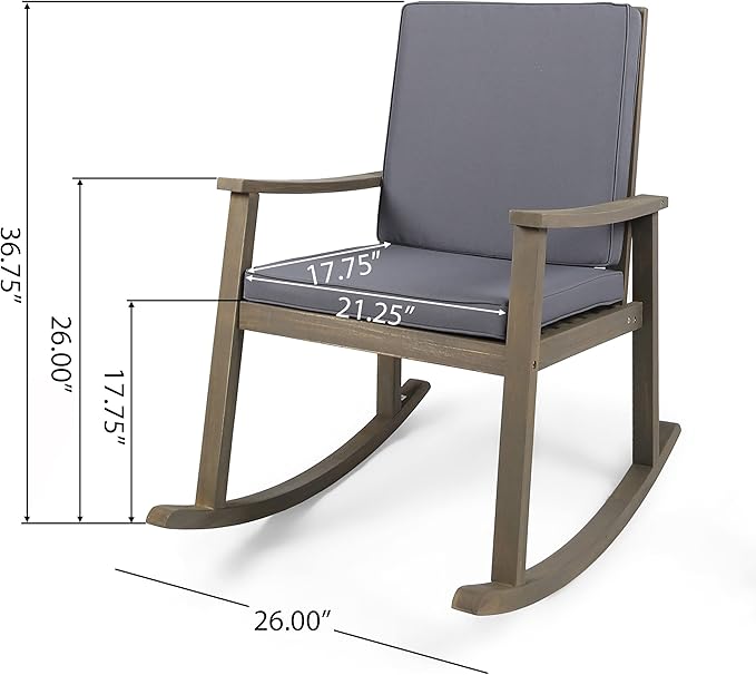 Outdoor Rocking Chair with Armrests and Cushions, Acacia Wood Structure, for Garden, Patio or Balcony, Dark Grey - Photo 2