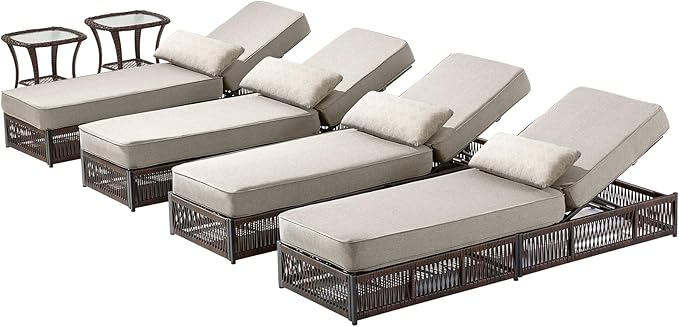 Luxury Outdoor Chaise Lounge Chairs of 4 with 5 Inch Thick Cushions and Side Table - 6 PCS High Back Brown Wicker - Photo 1