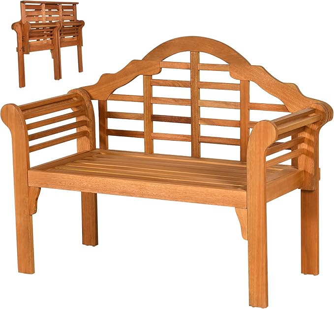 Classic Patio Loveseat Bench, Eucalyptus Wood, 4 FT, 2-Person, Foldable, Outdoor, Arched Back & Armrests, Natural Teak