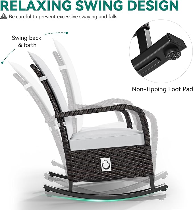 YITAHOME Outdoor Rocking Chair, Wicker Lounge Chair with Adjustment Backrest, PE Rattan Patio Recliner with Adjustable Footrest and Soft Cushions, Ideal for Garden Backyard Porch Patio