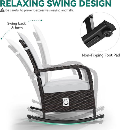 YITAHOME Outdoor Rocking Chair, Wicker Lounge Chair with Adjustment Backrest, PE Rattan Patio Recliner with Adjustable Footrest and Soft Cushions, Ideal for Garden Backyard Porch Patio