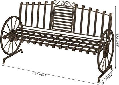 Outdoor Bench Patio Outdoor Garden Bench with Built-in Table, Wagon Wheel Arms, 3 People Outdoor Bench Garden Bench Front Porch Furniture Patio Lawn Yard Park (Bronze)