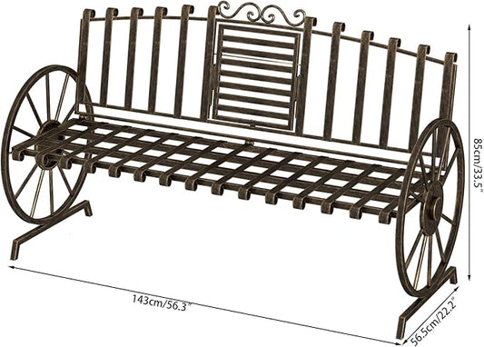 Outdoor Bench Patio Outdoor Garden Bench with Built-in Table, Wagon Wheel Arms, 3 People Outdoor Bench Garden Bench Front Porch Furniture Patio Lawn Yard Park (Bronze)
