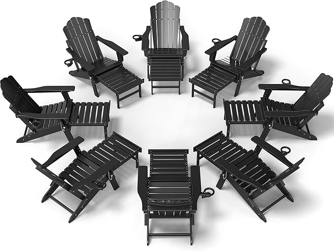FOOWIN Adjustable Adirondack Chair with Retractable Ottoman Set of 8, Folding Adirondack Chair with Cup Holder, HDPE All-Weather Fire Pit Chair for Patio, Yard, Poolside, Black