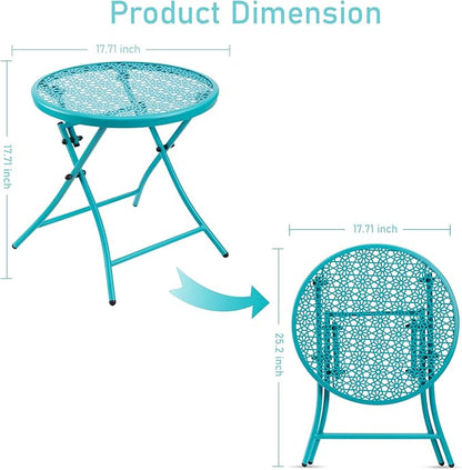 TeoKJ Folding Outdoor Side Tables, Anti Rust Small Patio Table Round Metal Nightstand with Flower Cutouts for Porch Yard Balcony Deck Lawn, Blue