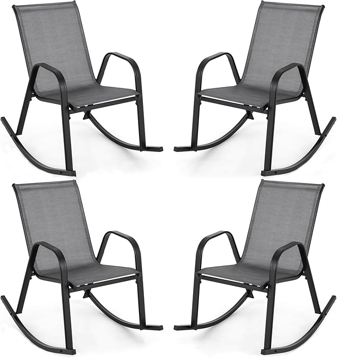 Giantex Outdoor Rocking Chairs Set of 2, Patio Rocking Chairs w/Breathable Seat & Back, Heavy-Duty Metal Support, Ergonomic Outside Rocker for Backyard, Poolside, Garden (2, Grey)