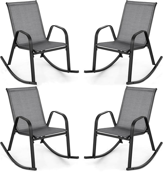 Giantex Outdoor Rocking Chairs Set of 2, Patio Rocking Chairs w/Breathable Seat & Back, Heavy-Duty Metal Support, Ergonomic Outside Rocker for Backyard, Poolside, Garden (2, Grey)