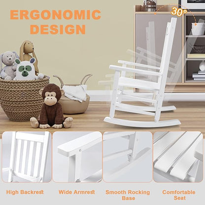 Kids Rocking Chair for Toddler and Children Comfy Recliner Wooden Rocker for Baby Girls Outdoor Lounge for Age 6-10 Indoor Anti-Tip Design Safe & Sturdy White