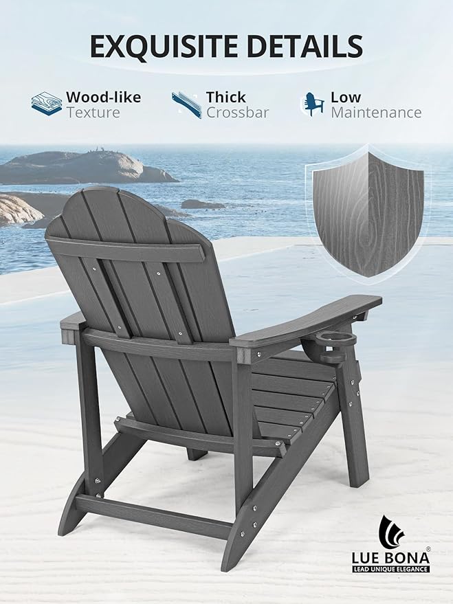 LUE BONA Matte HDPE Adirondack Chair Set of 1 - Weather Resistant Outdoor Seating with Cup Holder for Porch, Urban Patio - Photo 5