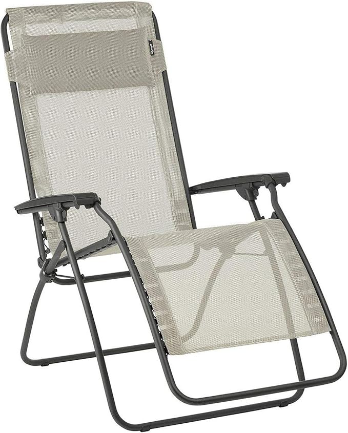 Lafuma R-Clip Batyline Relaxation Patio and Poolside Zero Gravity Outdoor Lounge Recliner Chair with Adjustable and Removable Headrest, Seigle