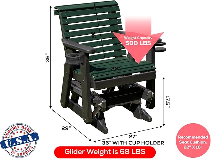 Amish Craftsmanship Made in USA 2FT Heavy Duty Poly Lumber Wood Porch Patio Glider HDPE with No wood fibers Lancaster Series Rollback design 500 lbs Limit With Cupholders Green on Black