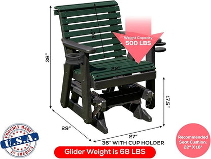 Amish Craftsmanship Made in USA 2FT Heavy Duty Poly Lumber Wood Porch Patio Glider HDPE with No wood fibers Lancaster Series Rollback design 500 lbs Limit With Cupholders Green on Black