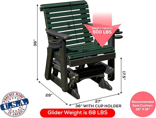 Amish Craftsmanship Made in USA 2FT Heavy Duty Poly Lumber Wood Porch Patio Glider HDPE with No wood fibers Lancaster Series Rollback design 500 lbs Limit With Cupholders Green on Black