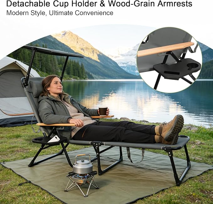 Tanning Chairs for Outside with Canopy, Folding Lounge Chairs, Tanning Chair with 4 Adjustable Backrest & Cup Holders & Pillow,Holds 330 Lb, Outdoor Garden Pool