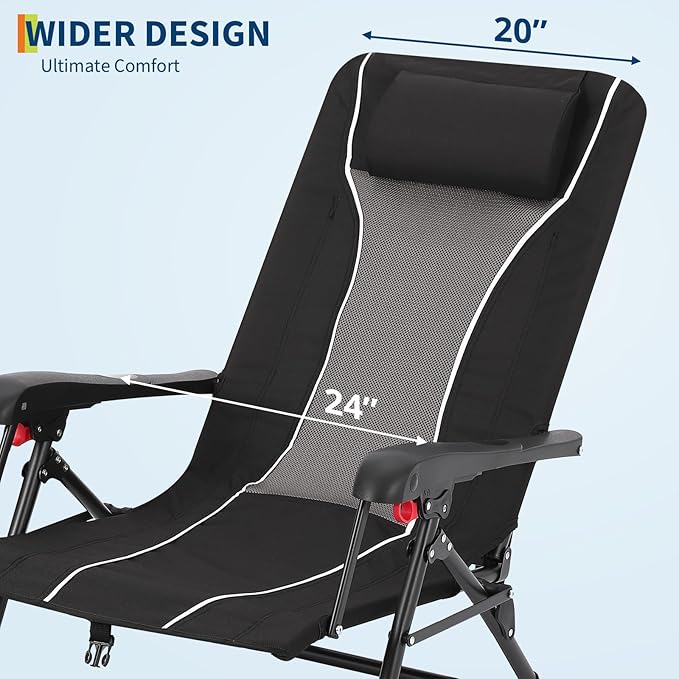 Folding Chaise Lounge Chair for Outdoor – Portable Reclining Camping Chair with Adjustable Backrest, Pillow & Breathable Fabric, Heavy-Duty 330 LBS Capacity, Sun Lounger for Beach, Patio, Garden