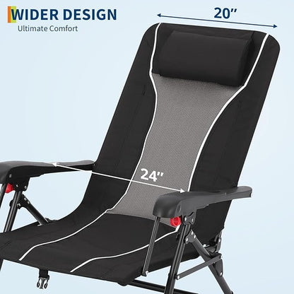 Folding Chaise Lounge Chair for Outdoor – Portable Reclining Camping Chair with Adjustable Backrest, Pillow & Breathable Fabric, Heavy-Duty 330 LBS Capacity, Sun Lounger for Beach, Patio, Garden