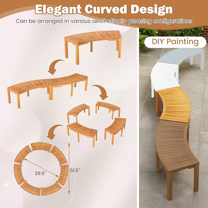 Moccha Outdoor Curved Bench, Acacia Wood Fire Pit Bench w/Slatted Seat, Loveseat, Outside Chair, Patio Backless 2-Person Seating for Balcony Yard Deck Porch 800 LBS Max Load (7, Natural)