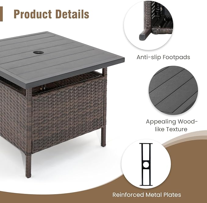 Tangkula Outdoor Wicker Table, Rattan Coffee Table with Umbrella Insert Hole, HDPE Tabletop & Sturdy Metal Frame, Patio Umbrella Side Table Stand for Backyard, Garden, Poolside (Mix Brown)