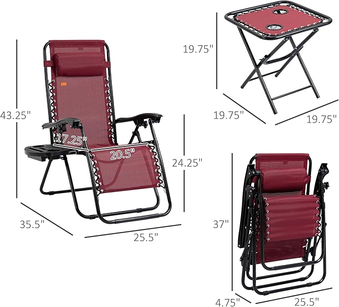 Outsunny Zero Gravity Chair Set with Side Table, Folding Reclining Chair with Cupholders & Pillows - Photo 7