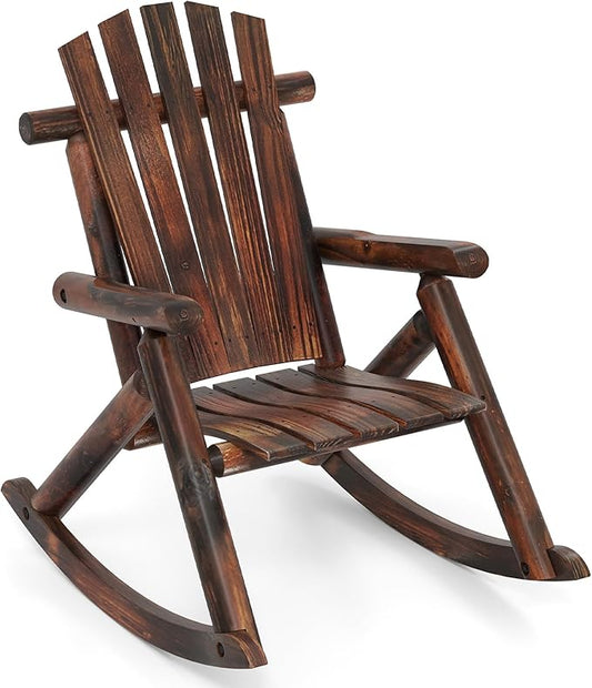 Giantex Outdoor Wooden Rocking Chair, Adirondack Porch Rocker with High Back and Wide Seat, Rustic Log Patio Chair for Front Porch Backyard Garden Balcony Deck, Brown (27”x36”x 38”)