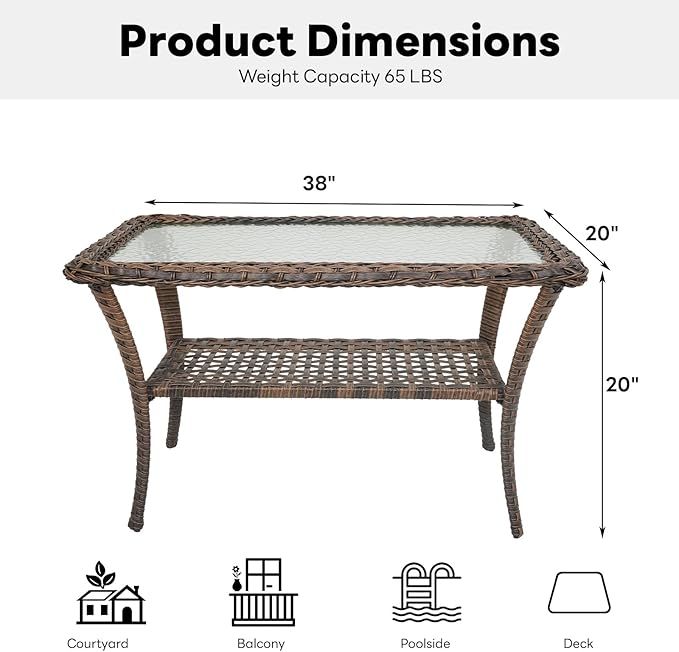 Belord 38 Inch Outdoor Coffee Table with 2 Tier Storage - Wicker Coffee Table with Water Ripple Texture Tempered Glass - Photo 3