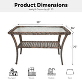 Belord 38 Inch Outdoor Coffee Table with 2 Tier Storage - Wicker Coffee Table with Water Ripple Texture Tempered Glass - Photo 3