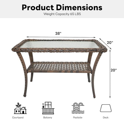 Belord 38 Inch Outdoor Coffee Table with 2 Tier Storage - Wicker Coffee Table with Water Ripple Texture Tempered Glass Top, All Weather Patio Coffee Table for Deck Porch Balcony Garden Brown