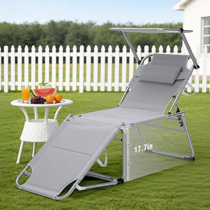 Unovivy Outdoor Lounge Chair with Canopy, Folding Tanning Chair with 5-Position Reclining Back - Photo 1